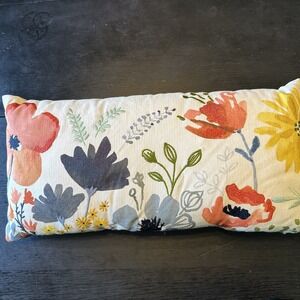 Floral Embroidered Throw Pillow 12" x 24" Blue Yellow Coral Mustard Tags Cut Off